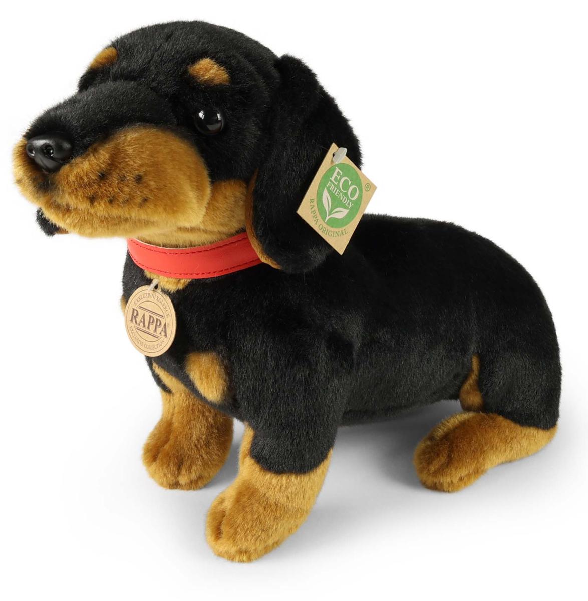 Tax svart/brun med rött halsband från Rappa Toys säljs på Nalleriet.se