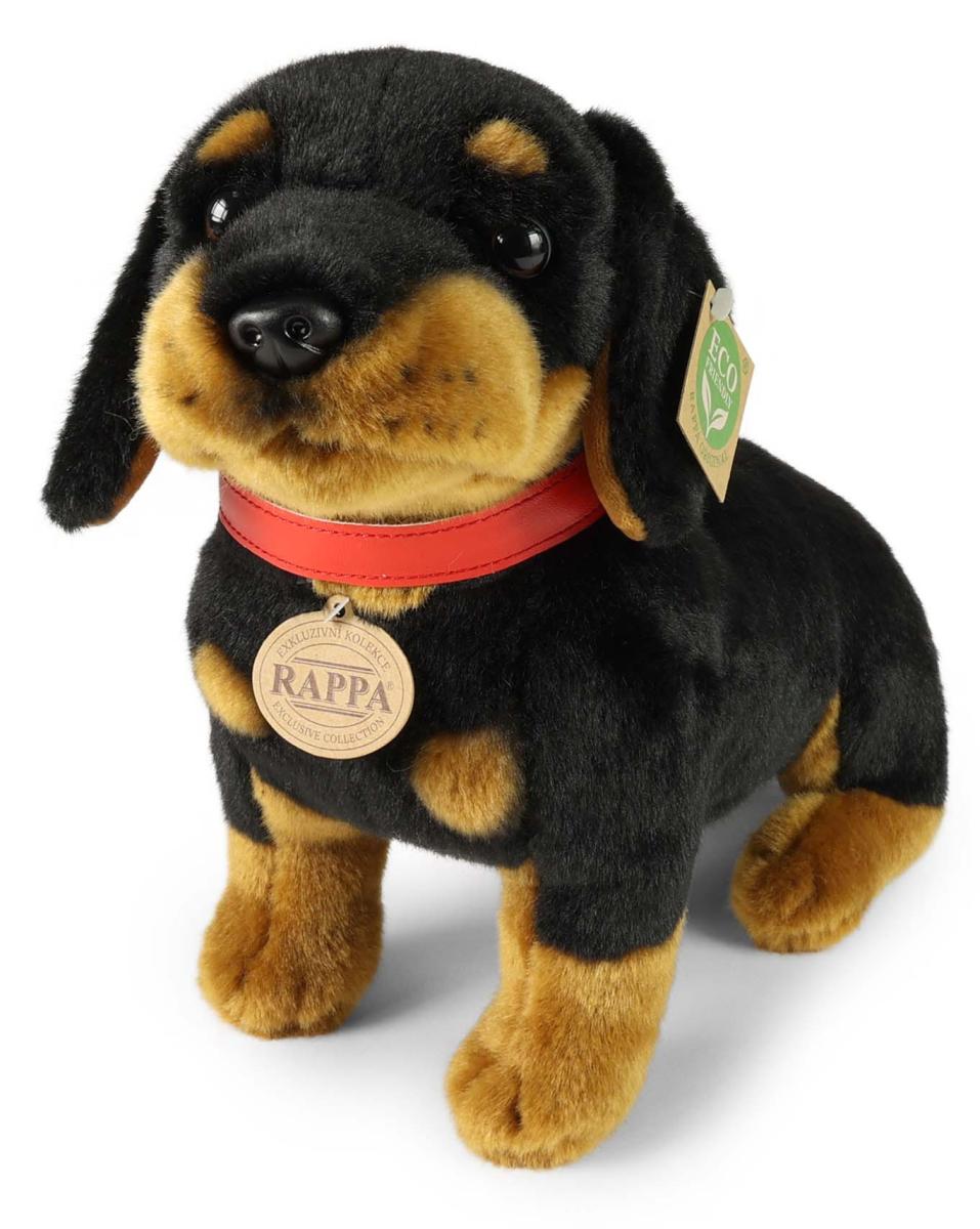 Tax svart/brun med rött halsband från Rappa Toys säljs på Nalleriet.se