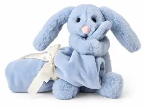 Kanin med snuttefilt, bl&aring;, fr&aring;n Teddy Hermann s&auml;ljs p&aring; Nalleriet.se
