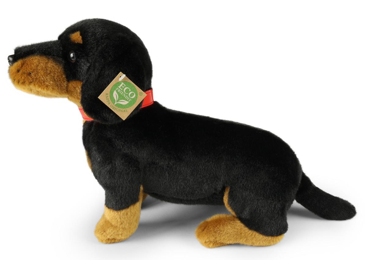 Tax svart/brun med rött halsband från Rappa Toys säljs på Nalleriet.se