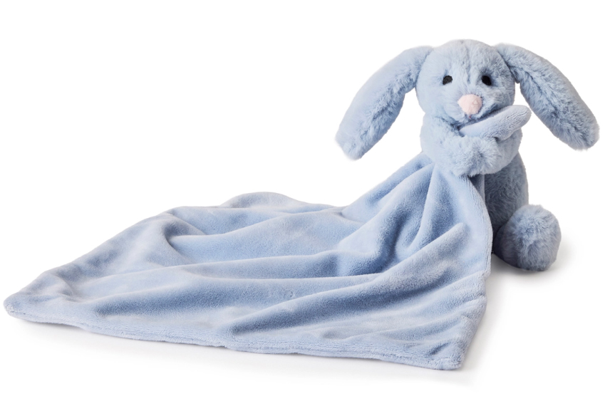 Kanin med snuttefilt, blå, från Teddy Hermann säljs på Nalleriet.se