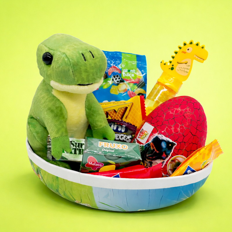 Påskägg Dino med gosedjur, skoj och godis (18cm) 