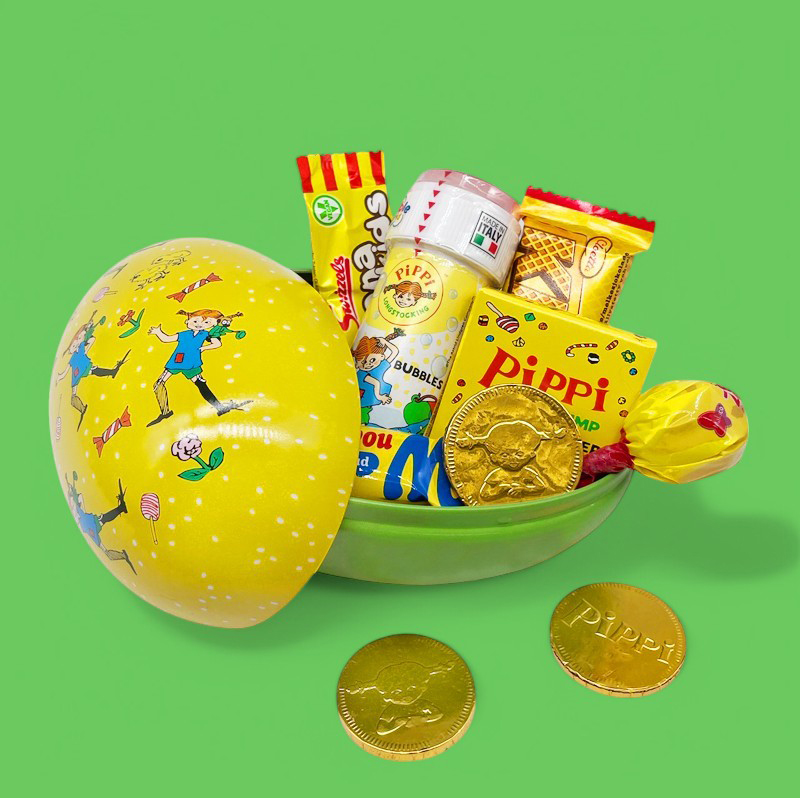 Påskägg Pippi Långstrump med godis och såpbubblor (15cm)